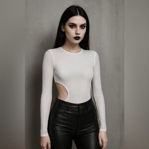 Dream Bandits Australia White Mesh Bodysuit Long Sleeve Cut Out‎
